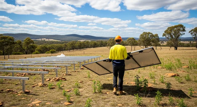 Installer carrying a solar panel to a ground-mount frame on a rural property